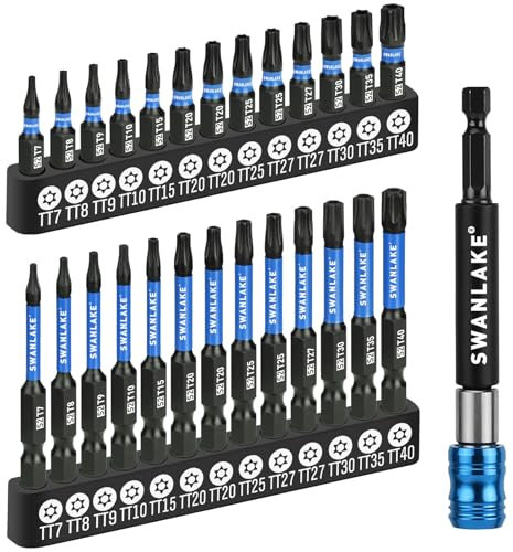 SWANLAKE Impact Torx Bit Set, 27-piece (TT7-TT40) 1''&2'' Security Tamper Proof Magnetic Screwdriver Bits, CNC Machined Tips, S2 Steel Long Torque Star Bits with 4'' Impact Bit Holder and Storage Box