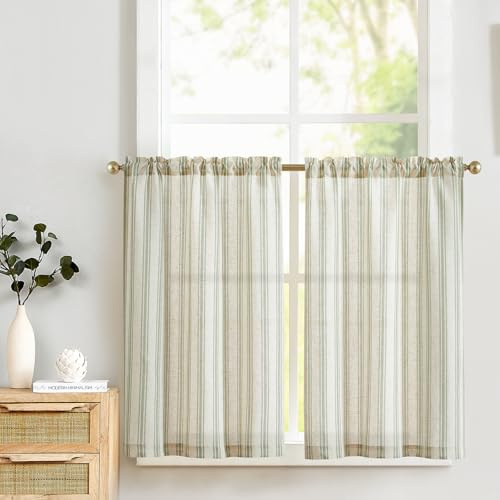 TOPICK Linen Look Kitchen Curtains, Cafe Curtains, W26 xL36 Green Striped | 2 Panels Rod Pocket Light Filtering Curtains, Half Window Curtain 2 Drapes for Bedroom, Living Room, Cupboard Base, Sink