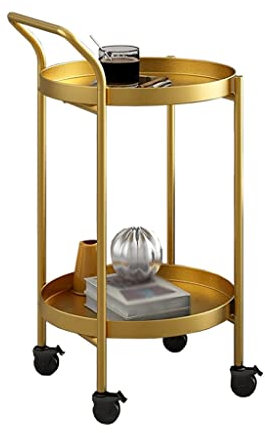 Guld metall barvagn med hjul smal roterande dryckesförvaring vagn för drycker dekorativ rund svängbar ställning sidobord 2 nivåer rullande vagn hylla