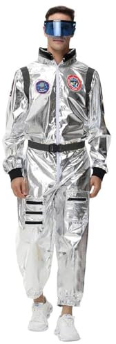 Costume da astronauta, da uomo, in argento, da astronauta, per adulti, per Carnevale, per lo spazio, per lo spazio, con bicchieri