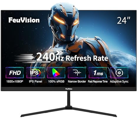 FeuVision 24 inch Gaming Monitor 240Hz, FHD 1080p, IPS Panel, 1ms Response Time, Adaptive sync, PC Computer Monitor, 3-Sided Frameless, Ultra Slim, 99% sRGB, Bluelight Filter, DP＆ HDMI Port