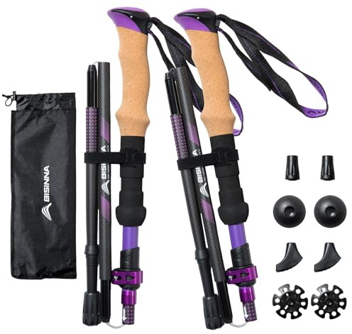 BISINNA Bâtons de Randonnée Rétractables en Carbonne Ultraléger (dès 234g) I Bâtons de Marche Nordique Homme & Femme I INCL. Pointes Carbure & Accessoires pour Randonnée Alpine​ (Violet)