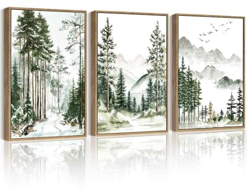 Drsoum Green Tree Forest Mountain Framed Wall Art Nature Landscape Prints Morden Wilderness Artwork Hallway Bedroom Ready to Hang 11x14in Natural Framed