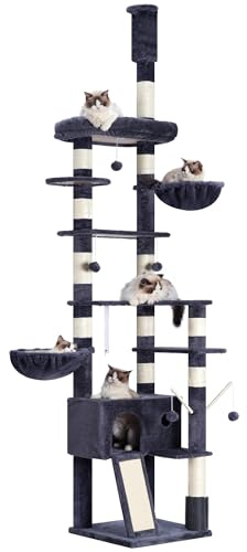Hey-brother Albero tiragraffi regolabile in altezza, 250-280 cm, che raggiunge il soffitto, torre per gatti di grandi dimensioni, con grotta, grigio fumo 0MPJ091G