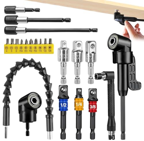 14st 105° Winkelschrauber Aufsatz Set mit Selbstsperrenden Verlängerungsstangen Winkelaufsatz für Akkuschrauber Winkelschrauber Vorsatz Adapter Winkelbohraufsatz für Tiefe Schraublöcher bis 15cm