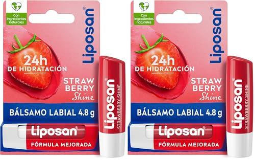 Liposan Strawberry Shine (1 x 4,8 g), cacao de labios con aroma a fresa, bálsamo labial con color, bálsamo hidratante para unos labios bonitos, suaves y jugosos (Paquete de 2)