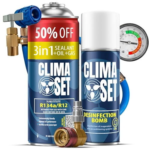 ClimaSet – 3-i-1 R134a köldmedium, olja, tätningsmedel XL & luftkonditioneringsrengöringsmedel för bilar & slang & adapter – Luftkonditionering Självpåfyllningsset – =Bilklimat Påfyllning – 235 g