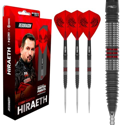 RED DRAGON | Dartpilar Jonny Clayton Hiraeth 22g Stålspets | 90% Tungsten | Switch Points | Flygningar och Skaft Ingår