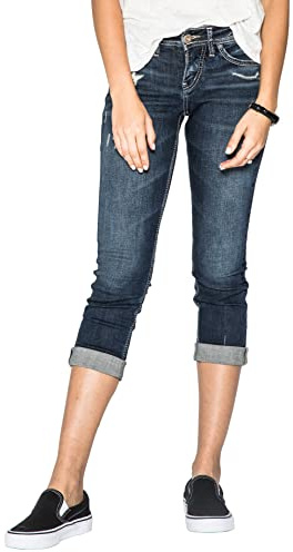 Silver Jeans Co. Suki Mid Rise Curvy Fit Capri Jeans, Dark Denimotion, 29W / 23L para Mujer