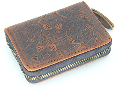 JJNUSA Men Minimalist Leather Wallet Card Holder Distressed Gifts Zipper bag (BROWN)