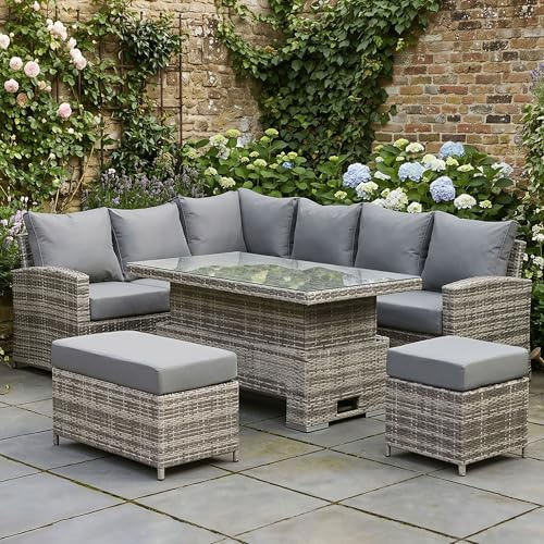 Club Rattan Harmony High Back Left Hand Corner Sofa Set with Rising Table in Grey, 9 seater rattan garden Garden furniture