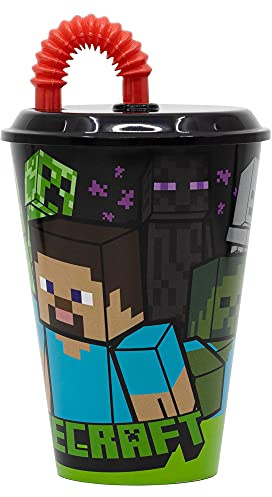 Mojang Minecraft plastkopp för barn 430 ml, BPA-fri, återanvändbar och tvättbar, med sugrör och lock