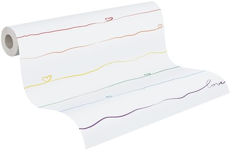 A.S. Création Little Love 381401 - Carta da parati in tessuto non tessuto con cuori, senza PVC, multicolore, bianco, rosso, blu, giallo opaco