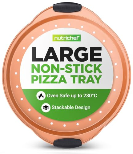NutriChef Non-Stick Pizza Tray for Oven, 33cm Round Carbon Steel Baking Trays with Perforated Holes, Silicone Handles, Dishwasher Safe, Pizza Stone Alternative, Copper
