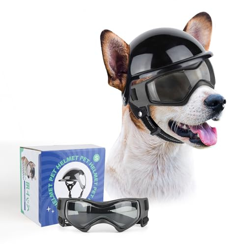 PETLESO Dog Goggles for Small Dogs with Helmet, 2PCS Doggy Sunglasses and Pet Motorcycle Helmet Set for Small Medium Breed Outdoor Driving Walking, All Black