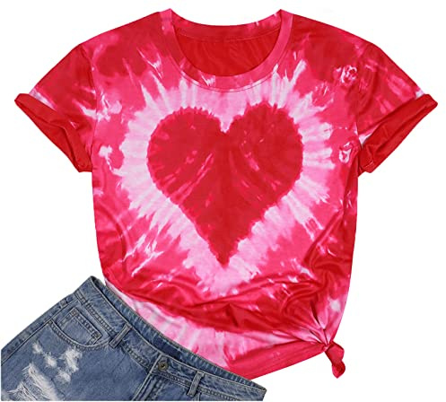 Tie Dye Heart Graphic T Shirt Women Valentines Shirt Funny Loving Heart Pattern Short Sleeve Tops Pink