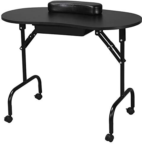 Yaheetech 37 Foldable Manicure Nail Table Portable with Wheels, Black | MDF Tabletop & Iron Metal Frame, Built-In Drawer & Wrist Cushion & Lockable Wheels, For Spa Beauty Salon Nail Technician
