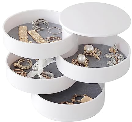 Portagioie per ragazze, organizer per gioielli, 4 livelli, girevole a 4 livelli, piccolo, interno in velluto, portagioie per anelli, orecchini, collane e orologi (bianco)