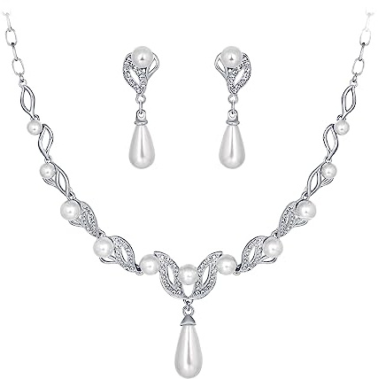 Deyanse Wedding Jewellery Sets for Brides, Pearl Jewellery Sets for Women Bridal Necklace and Earring Sets, Elegant White Rhinestone Bridal Jewellery Set, Platinum Bridesmaid Gifts for Wedding Day