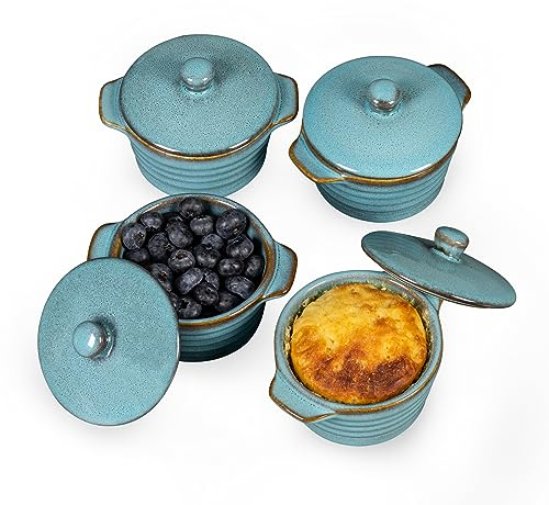 HENXFEN LEAD Mini Cocottes aus Steinzeug, 230ml Auflaufförmchen Souffle Förmchen mit Deckel, 4er-Set Kleine Auflaufform Creme Brulee Schälchen, Reactive Blue