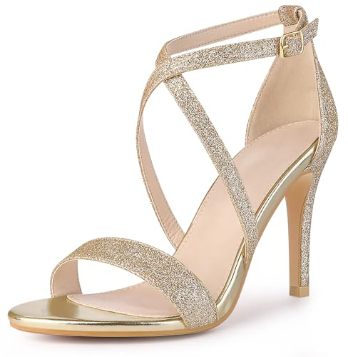 Perphy Women Glitter Crisscross Strappy Stiletto Heels Sandals with Buckle | 3.7-inch ABS heels. Comfortable fit. Crisscross straps with buckle. Great for parties, weddings, dates.