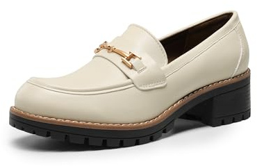 DREAM PAIRS Zapatos Mujer Mocasines con Tacon Ancho Clasico Loafers con Plataforma,Size 39,Beige-PU,SDLS2410W