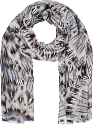 styleBREAKER Damen Schal Batik Shibori Muster mit Metallic Streifen, Leichtes Ethno Tuch mit kurzen Fransen 01016228, Farbe:Grau-Schwarz