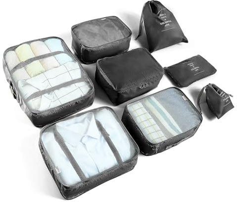 BillyBath 8-en-1 Set de Organiseurs de Bagage pour Voyage, sacs à vêtements, chaussures, sacs de rangement pour cosmétiques (noir)