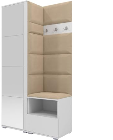 RAVIO Garderoben-Set NELA I mit Spiegel, 100cm Flurgarderobe mit Wandpaneele, Kompaktgarderobe mit Schuhschrank, Inklusive Montagekleber, Praktischer Garderobe (Weiß + Beige (Trinity 04))