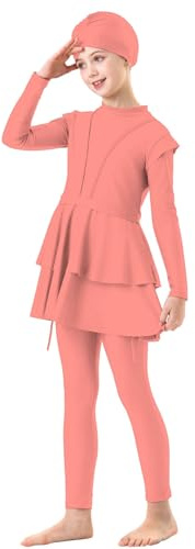 Muslim Swimsuit Girls 3 Piece Full Cover Hijab Burkini Arabic Swimwear Sunsuit Beachwear Top Pants Cap Costume Swim Bottom Girls Watermelon Red