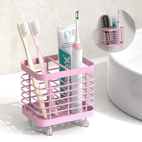Luxspire Toothbrush Holders for Bathroom, Stainless Steel, 2 Slots, Pink | Wall Mounted ,Electric Toothbrush Holder, Toothbrush and Toothpaste Holder, Bathroom Organizer Essentials