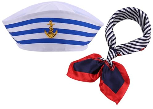 BOBOZHONG Gorra Capitan Barco,Sombrero de Capitán de Marinero a Rayas Azules y Blancas y Bufanda Cuadrada con Borde Rojo,gorro Marinero,Accesorios de Marinero Para Fiestas Yates Carnaval