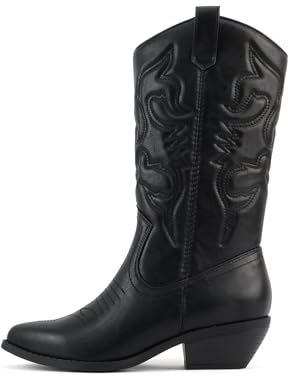 Soda Rider ~ Women Mid-Calf Western Cowboy Boots with Pointed Toe & Side Zipper (Black Pu, 7.5)