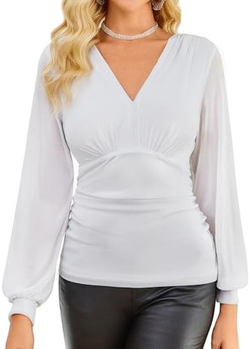 GRACE KARIN Camicetta da donna con glitter con scollo a V, elegante camicetta avvolgente, bianco, XXL