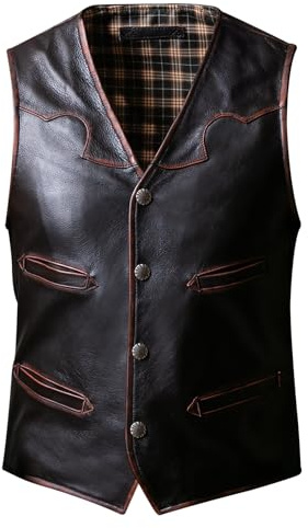 WPKDS Mens Vintage Distressed Premium Cowhide Vest Multi Pocket Leather Motorcycle Jacket for Four Seasons（Brown, X-Large）