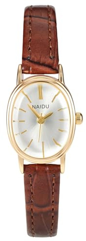 JSDDE - Reloj de cuarzo para mujer fina con esfera pequeña de metal ovalado blanco simple con correa de piel con textura ajustable para niña, con movimiento analógico, cuarzo, sin números, marrón