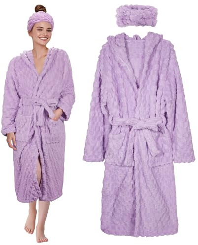 BABYSHEEP Hooded Bathrobes for Women - Soft Cozy Womens Robe Plush Long Bathrobe，Quick Dry yet Warm Shower Robes - Purple