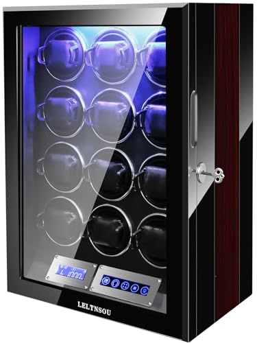 LELTNSOU Watch Winder for 12 Winding Spaces Automatic Watches, Ultra-Quiet Japanese Motors, Built-in LED Illumination and LCD Touchscreen Control