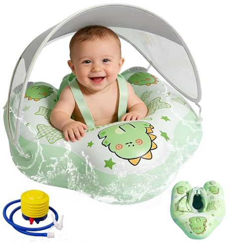 FENYW Salvagente Neonato, Ciambella Neonato Con Parasole E Pompa Ad Aria, UPF50+ Protezione UV, Salvagente Bambini Per Adatto Per Bagno, Piscina, Mare Per Bambini Dai 3 Ai 36 Mesi (L)