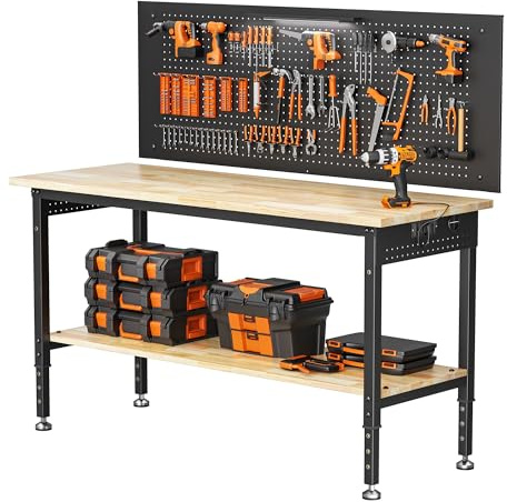 152 x 55 cm slitstark arbetsbänk med pinnbräda, maxbelastning 907 kg gummibordsskiva, 6 justerbara höjder med förvaringshylla, 2-i-1 arbetsbänk för verkstadsstation, garage, kontor