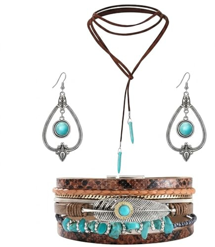 3 Piece Bohemian Turquoise Jewelry Set, Necklace and Earrings, Green | Vintage western cowgirl ethnic accessories, turquoise boho necklaces, stylish jewelry for women, UK fashion