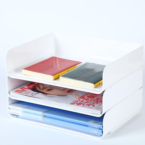 HKeeper Vassoi di carta impilabili,Porta lettere, Vassoi corrispondenza e supporti, vassoio per accessori da scrivania,supporto per carta A4,forniture,ricevute(Confezione da 3,Bianco)