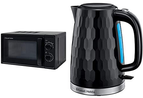 Russell Hobbs Textures 17 Litre Black Manual Microwave, RHM1725B & 26051 Cordless Electric Kettle - Contemporary Honeycomb Design with Fast Boil and Boil Dry Protection, 1.7 Litre, 3000 W, Black