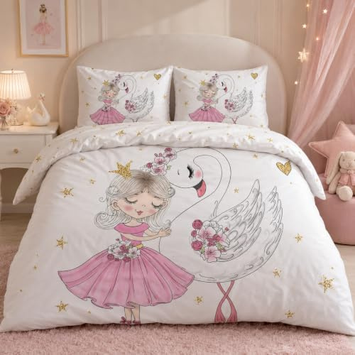 Linfye Housse de Couette 140x200 Fille Cygne Réversible Parure de Lit | Enfant 1 Personne avec 2 Taies 65x65 cm, Motif Étoiles Fleurs, Microfibre Douce, Fermeture Éclair, Housse Couette Imprimée