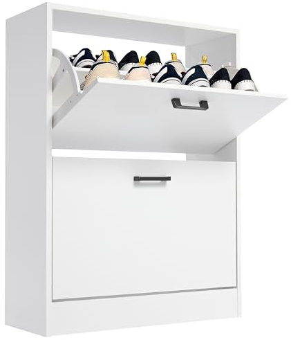 Blisswood 2 Drawer Shoe Cabinet, Wooden Shoe Storage Organiser Cupboard Unit Hallway Furniture, Narrow 2 tier Modern Entryway Shoe Rack Cabinet Footwear Stand for Shoes (White)