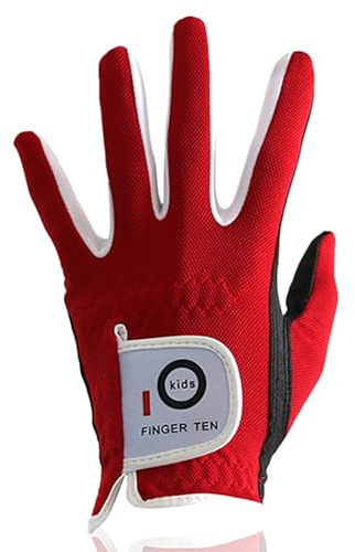 FINGER TEN Golfhandschuhe Kinder Jugend Junior Mädchen für Linke Hand, Junge Golf Handschuhe Atmungsaktive Mikrofaser Synthetische Rechtshänder für Alter 4-13 Jahre (rot, M)