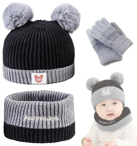 BSITSSS 3 Piezas Conjunto de Punto Sombrero Bufanda Guantes, Gorro De Invierno para Niños con Bufanda Guantes Gorro de Invierno para Niños Y Niñas, 3 en 1 Pompón Gorro Cálido para 1-3Años