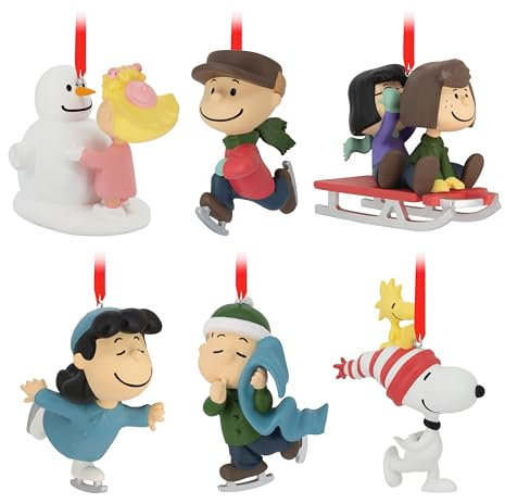 Hallmark Collectable PEANUTS Ornaments, Pack of 6, PEANUTS Gang Winter Activities Figures, Hanging Ornaments, SNOOPY, WOODSTOCK, Charlie Brown, Christmas