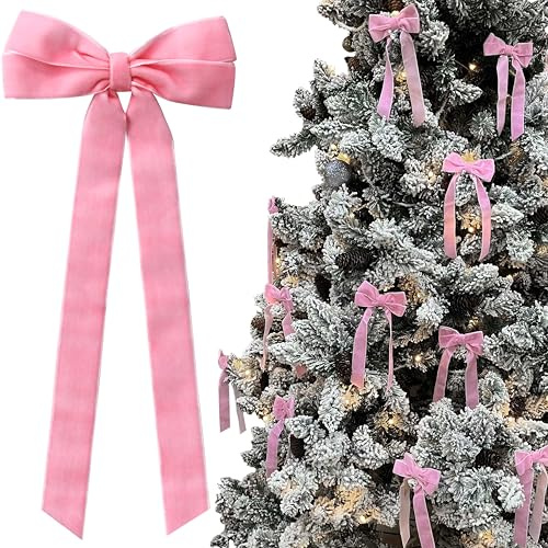 12Pcs Pink Velvet Bows Valentines Day Tree Decorations,5in x 10in Easter Spring Ornaments for Christmas Tree Home Coquette Room Birthday Party Front Door Wedding Holiday Decor