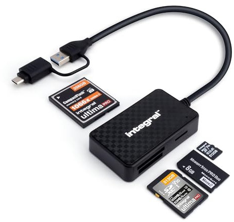 Integral 4-in-1 Speicherkartenleser, USB 3.0 & USB C Adapter für microSD, SD, Compact Flash, MS Duo/Pro - Für iPhone 15/16 Plus/Pro/Pro Max, MacBook Pro/Air, iPad, PC, Laptop, Tablet, Smartphone